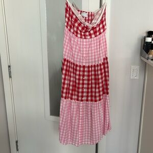 Pink & Red Gingham Strapless Maxi Dress